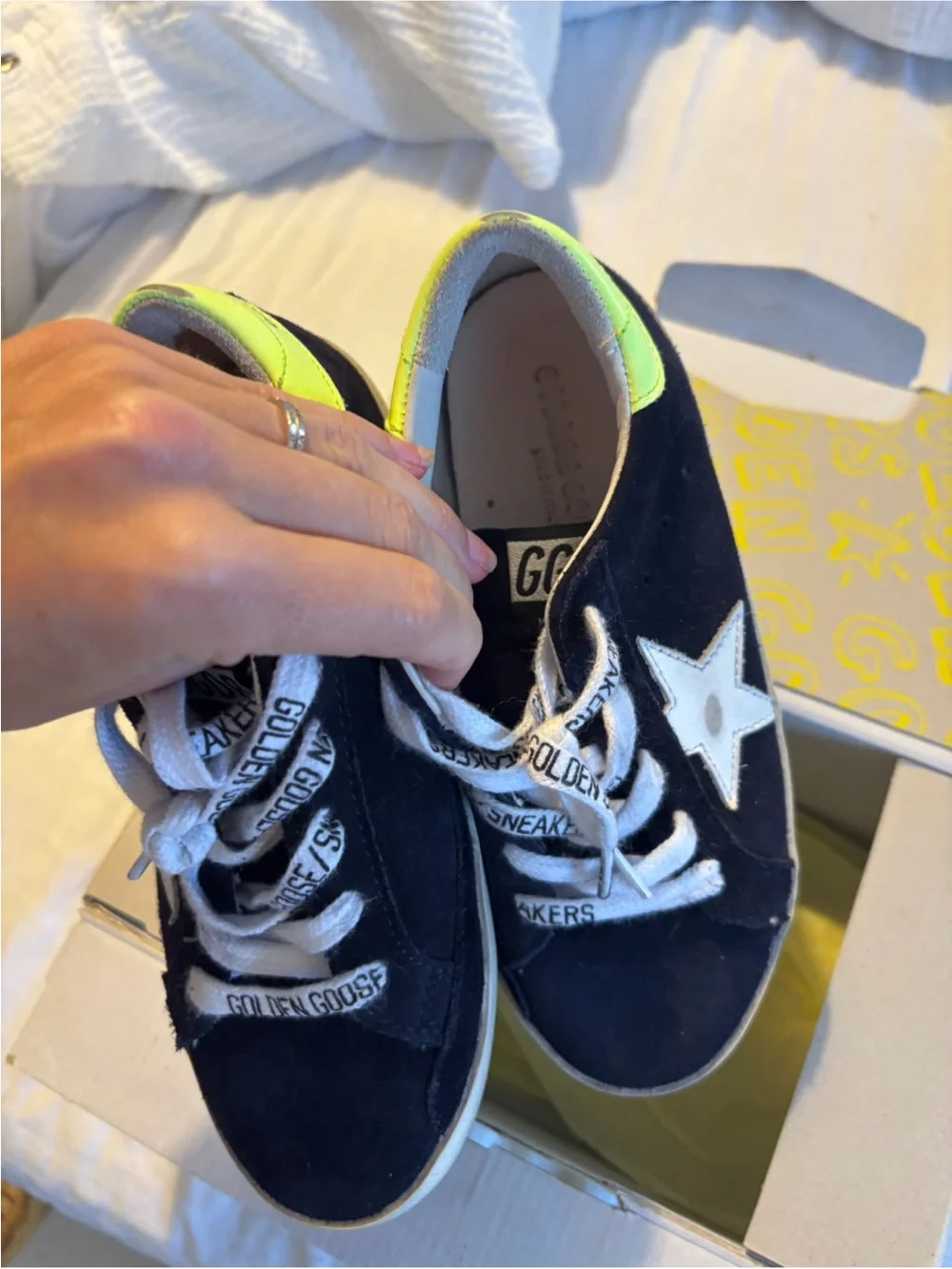 Golden Goose Kids Navy Suede Star Sneaker with Neon Yellow Heel size 30